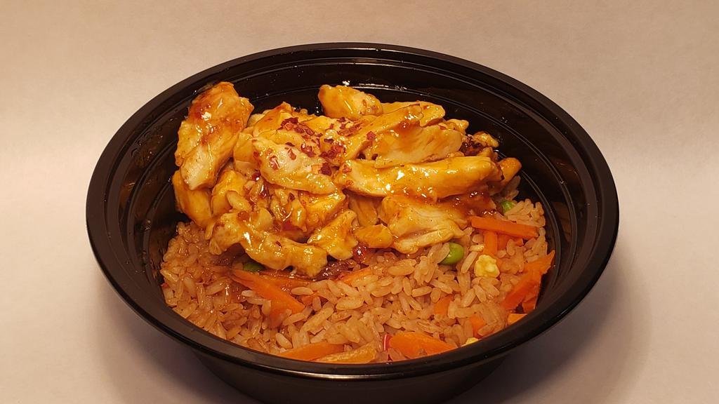 Zesty Orange Chicken Bowl · Grilled chicken tossed in orange sauce, served on fried rice.