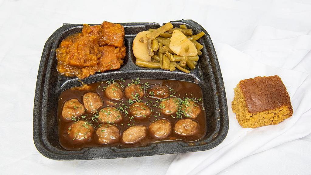Meatball Dinner (10 Pcs) · Savory and tender meatballs simmered in our delicious house brown gravy. Includes two sides of your choice, corn bread and a drink.