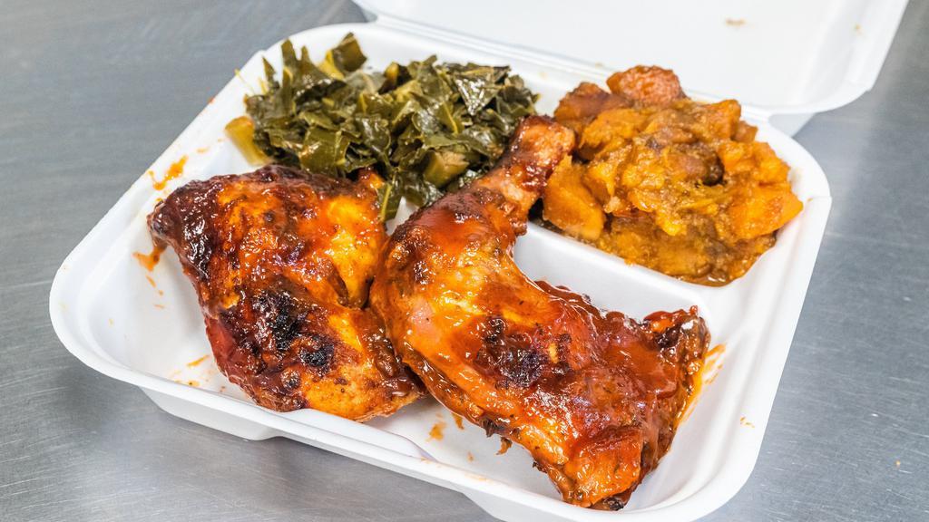 Bbq Chicken Leg ¼ Dinner (2 Pcs)  · Succulent and Juicy chicken leg ¼’s, marinated in our house seasoning and baked in sweet tangy BBQ sauce until tender. Includes two sides of your choice, corn bread and a drink.