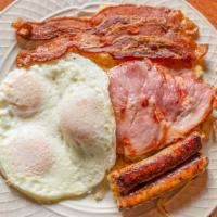 Noah'S Breakfast Special · Served with three eggs fried in butter, two rashers of bacon, two sausage links, two slice o...