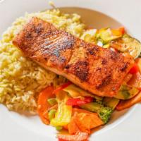 Leze'S Cajun Salmon · Cajun Salmon, Rice, Mixed Vegetables and Choice of Dressing