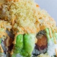 Fujiyama Roll · Smoked salmon, tuna, crabmeat, cream cheese topped with spicy crabmeat, spicy shrimp, avocado.