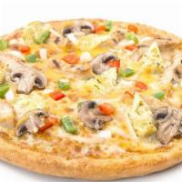 Bbq Chicken Bonanza Pizza · BBQ chicken strips, button mushrooms, red and green peppers, onions, roasted garlic, articho...