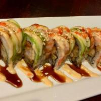 Pink Roll · Inside spicy tuna & fried shrimp, topped with cooked shrimp & avocado, drizzled with masago ...