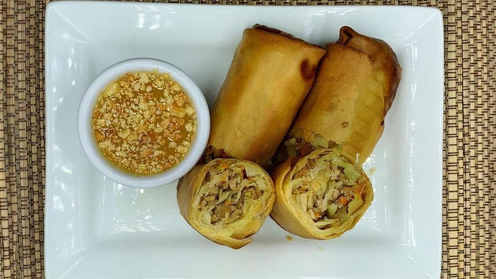 Egg Rolls · Fried wraps stuffed with bean thread noodles. . Egg rolls can’t be made GF or V. . Egg roll sauce is GF & Vegan.
