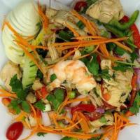 Uptown Salad · Shredded chicken breast, shrimp, lettuce, cucumber, tomato, onion, peanuts, carrots, bell pe...