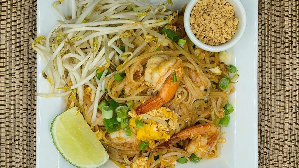 Pad Thai · Rice noodles, egg, bean sprouts, green onion. Peanuts on side. Can be made GF or V upon request.