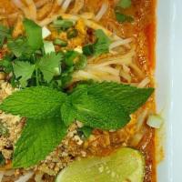 Mee Kha Tee · Red curry with egg served over rice noodles, bean sprouts, mint and peanuts. Can be made GF ...