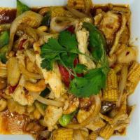 Cashew Stir Fry · Cashews, baby corn, water chestnuts, onion, and bell peppers with Thai chili paste served wi...