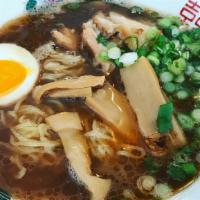 Shoyu Ramen (Pork & Chicken Broth) · Chashu, menma, green onion, nitamago, nori.  Please boil the noodles for 90 seconds before e...