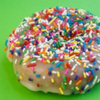 Rainbow Sprinkles · Vanilla cake donut with vanilla glaze topped with rainbow sprinkles