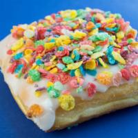 Fruity Pebbles · Yeast donut with a lemon glaze and Fruity Pebbles topping.