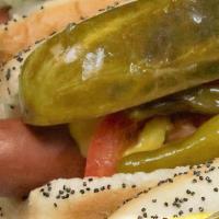 Hot Dog (No Fries) · (mustard, relish, onions, tomato, pickle & sport peppers) Served on poppy seed bun.