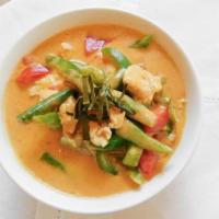 Panang Curry · Panang curry paste, bell pepper, carrot, snow pea and ground peanut in thai coconut milk. Se...