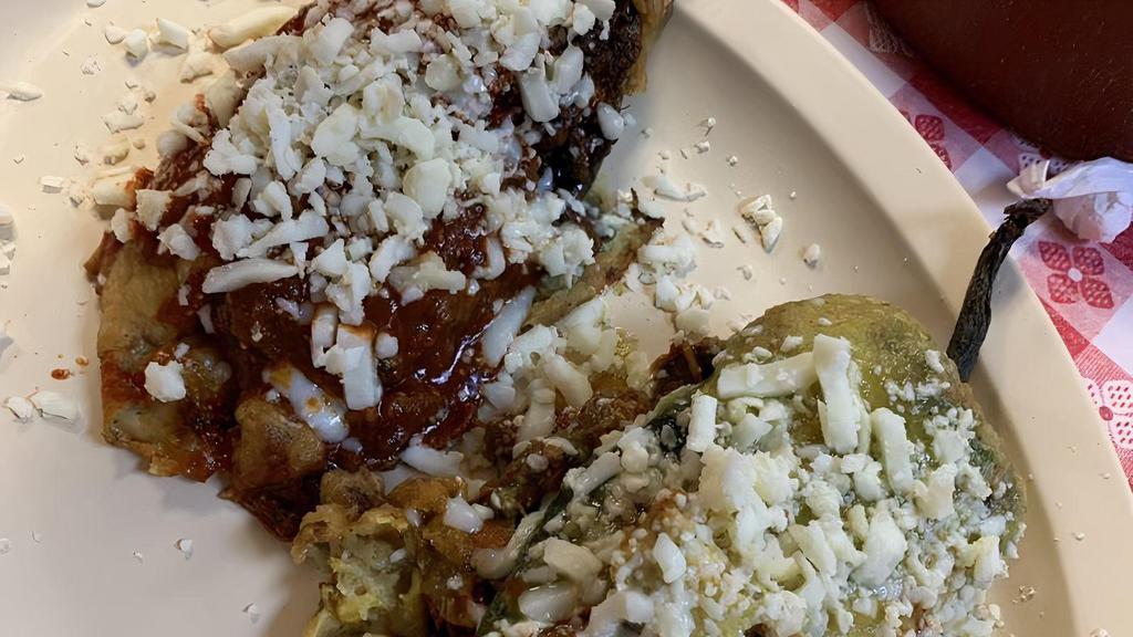 Chile Relleno Dinner · 2 roasted poblano pepper stuffed with your choice of either meat, vegetable, or cheese battered and lightly fried, covered with your sauce choice. Served with rice, beans, and corn or flour tortilla.
