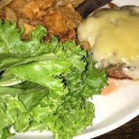 Mushroom Swiss Burger · Half pound of certified angus beef, topped with sautéed mushrooms, and swiss cheese.