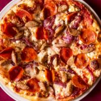 Arrabbiata Pizza · Spicy sausage, pepperoni, burgundy onion, Gorgonzola and tomato sauce.