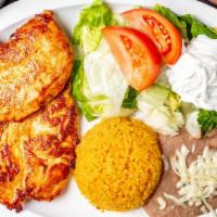 Pechuga En La Plancha Dinner · Grilled chicken breast with lettuce, tomatoes, avocado, and tortillas, corn or flour. Served...