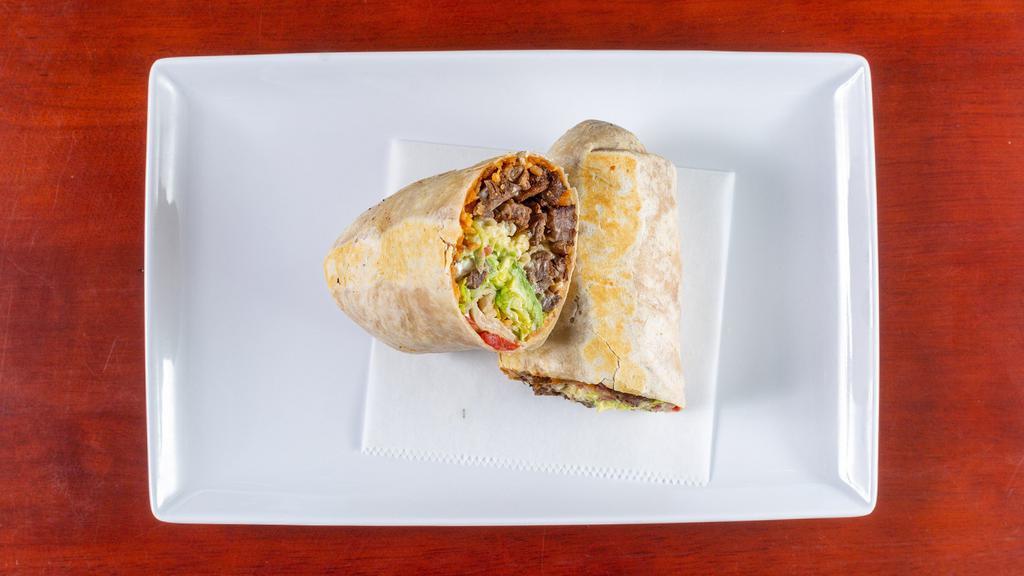 Burrito · Served with your choice of meat, beans. rice, lettuce, avocado, tomato, sour cream, and cheese.