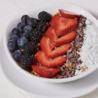 Acai Bowl · Blended Acai | Cacao Nibs | Coconut | Grainless Granola | Mixed Berry. Add Peanut Butter -OR...