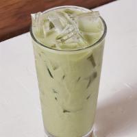 Iced Rose Matcha Latte · Matcha, Oat Milk, Natural Simple Syrup, Rose Water and Vanilla Bean Paste