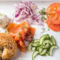 Goldie'S Lox Platter · Lox, tomato, cucumber, red onion, dill, everything bagel spice, whipped cream cheese, choice...