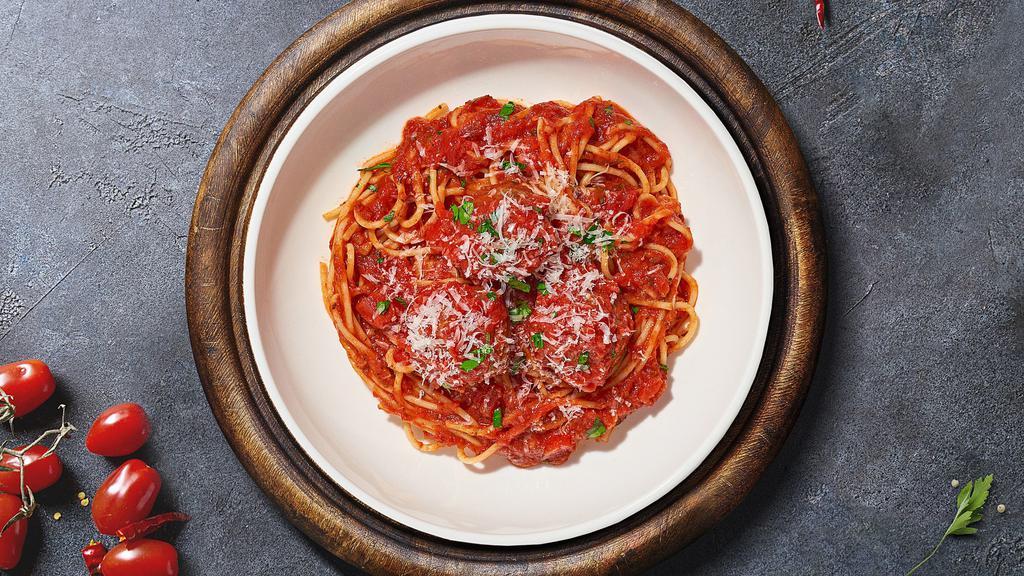 Bouncing Meatballs Pasta (Spaghetti) · Fresh spaghetti and homemade ground beef meatballs served with rossa (red) sauce, red pepper flakes, and parmesan.