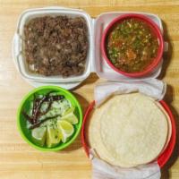 Paquete Chico De Barbacoa · All the goodies in one package. This family size package comes with 2lbs of tortillas, 1lb o...