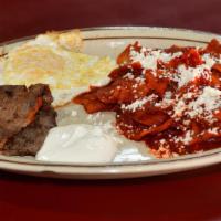 Chilaquiles · Corn tortillas cut into pieces and cooked with your choice of red or green sauce. Comes with...