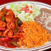 Deviled Shrimp · Deviled shrimp your choice of SPICY OR MEDIUM comes with rice & beans topped with cheese.