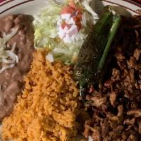 Meat Platter · A platter of your choice of one meat. Comes with rice & beans topped with cheese.