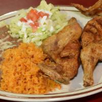 Fried Quail · Comes with rice & beans topped with cheese.

A la diabla is fried and then prepared in a spi...