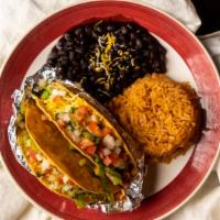 Crispy Taco Plate · Three crispy tacos (regular meat), served with rice, beans, and pico de gallo.