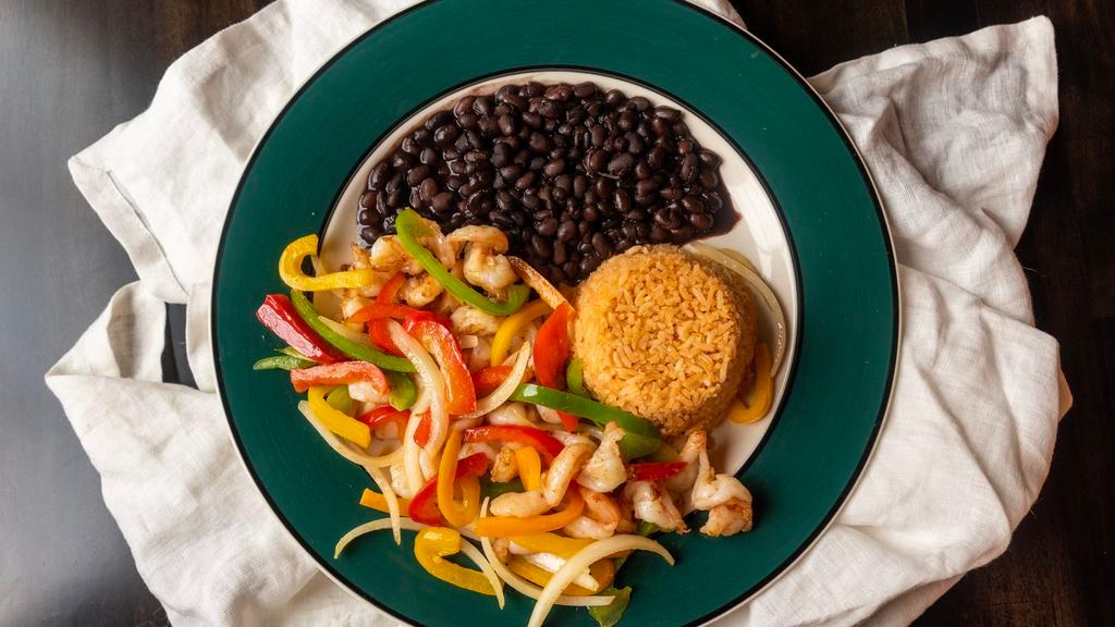 Shrimp Fajita Plate · Shrimp sauteed with bell peppers, onions, and served with pico de gallo, rice, beans and tortillas