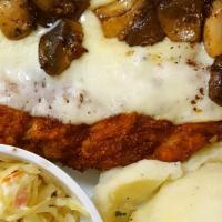 Highlander Pork Chops · Golden crispy pork loin topped with provolone, sauteed mushrooms and a side of mustard marma...