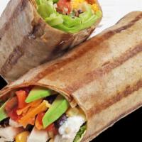 Mission Burrito Wrap · Beyond Beef or chicken breast, cheddar, romaine lettuce, black beans, quinoa, corn, green pe...