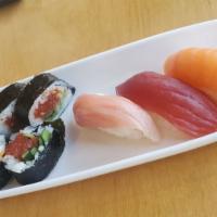 Bento Set A · 3 pcs of nigiri & 1 roll. Tuna, salmon, white fish and spicy tuna maki.