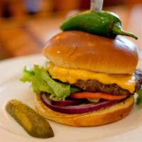 Jalapeno Burger · Juicy burger with lettuce, tomato, onion, jalapenos, melted Pepper Jack cheese, and jalapeno...