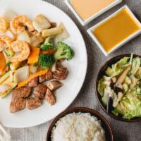 Steak And Shrimp Hibachi Lunch · Served with salad, vegetable fried rice or steamed rice.