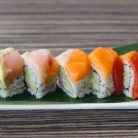Rainbow Roll · Tuna, avocado, salmon and shrimp topped on California roll.