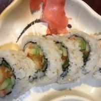 Santa Fe Roll (5) · Deep-fried shrimp tempura, green bellpepper, crabmeat, cucumber, and house special spicy sau...
