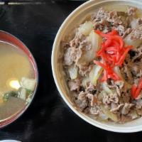 Beef Don · Rice topped with onions, beef, and house special sweet sauce. Served with miso soup.