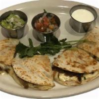 Quesadilla Appetizer · Flour tortilla filled with melted cheese. Side of guacamole, sour cream & pico de gallo.