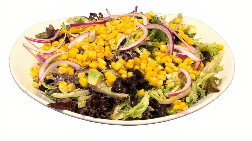 Mr Salad · Mixed greens with chipotle ranch, grilled corn, black beans, avocado & red onions.