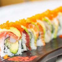 Rainbow #1 · California roll topped with tuna, salmon, yellowtail, and shrimp.

*This item may be served ...