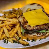 Chicken Breast Sandwich (With American Cheese) · Served with French fries.