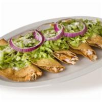 Tacos (5Pcs.) · Crispy chicken tacos, Lettuce, Tomato, Red Onion, Sour Cream & Cheese