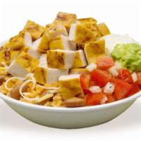 Mexican Bowl · Grilled chicken breast, rice, guacamole, beans, pico de gallo, cheese and sour cream.