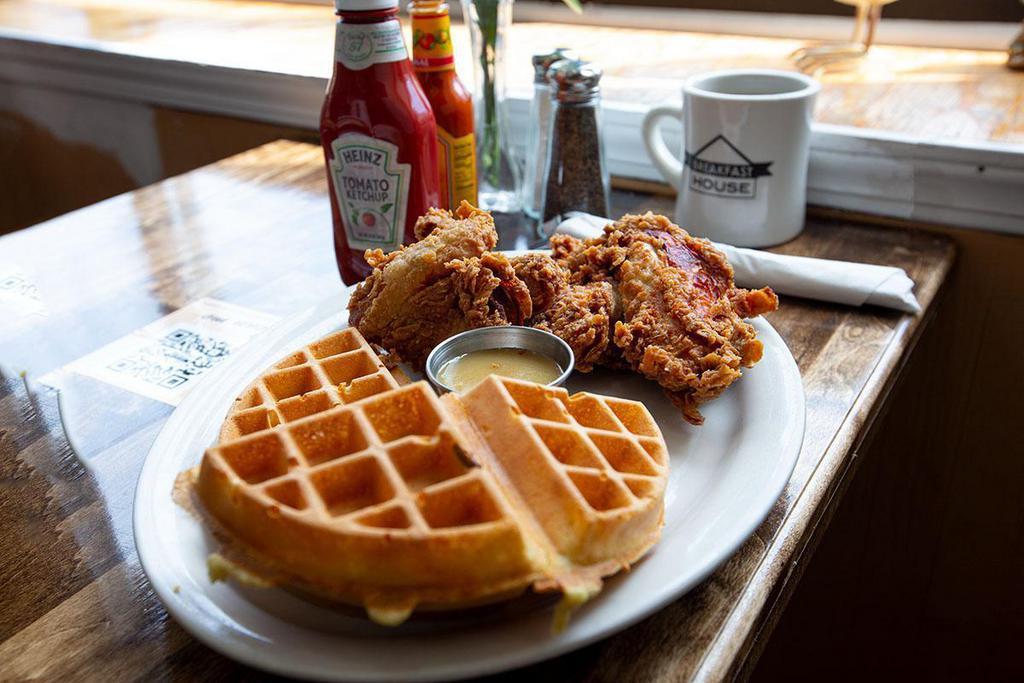 Chicken Waffles · A freshly made combination of chicken breast, leg and wing, marinated in Chef's own recipe and accompanied with a Belgium waffle.