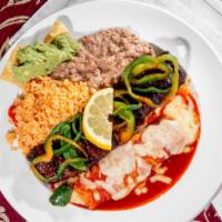 Carne A La Tampiquena · The same exquisite steak as above with a cheese enchilada on the side, and fried poblano pep...